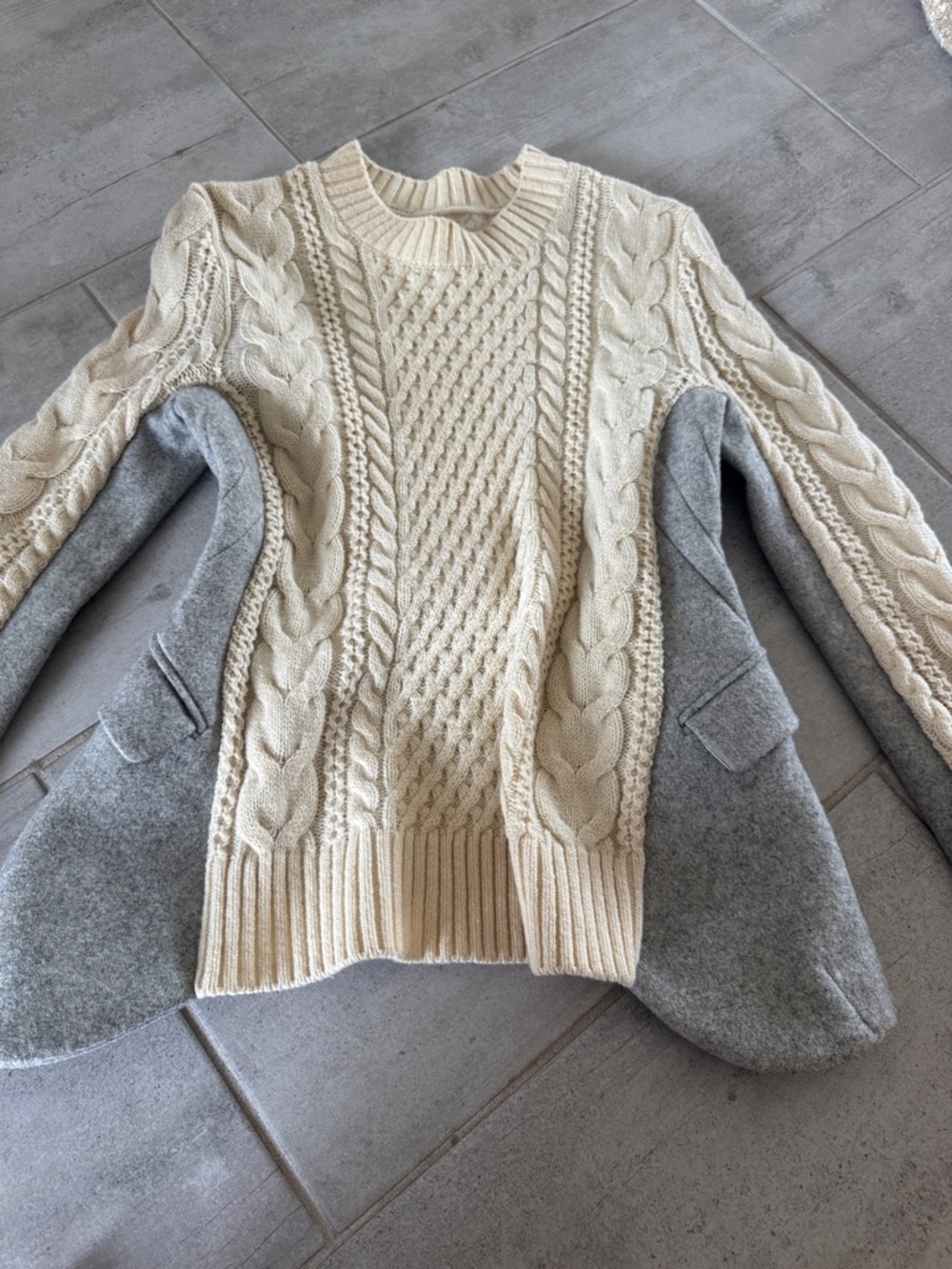 Sacai Cream Cable Knit Crewneck Sweater with Gray Paneling